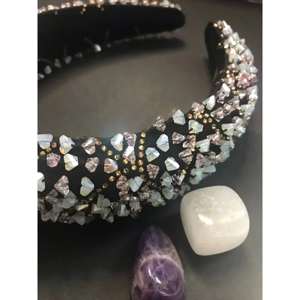 Women's Amethyst Crystal Chip Embellished Headband Black Beaded Statement